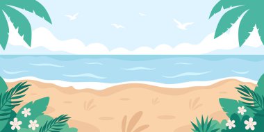 Tropik plaj manzarası. Merhaba yaz, yaz tatili. Okyanus kıyısında. Vektör illüstrasyonu