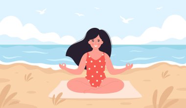 Kumsalda meditasyon yapan bir kadın. Merhaba yaz, yaz tatili, tatil. Sağlıklı yaşam tarzı, kişisel bakım, yoga ve meditasyon. Vektör illüstrasyonu