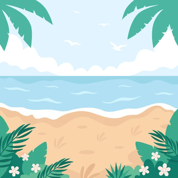 Tropical beach landscape. Hello summer, summer vacation. Ocean shore. Vector illustration