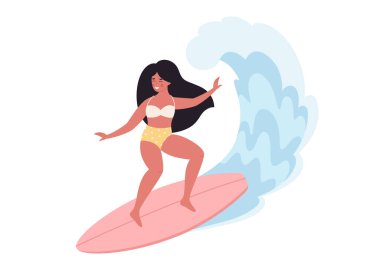 Woman surfing on surfboard and catching waves in ocean. Summer activity, summertime, surfing. Hello summer. Summer Vacation. Vector illustration