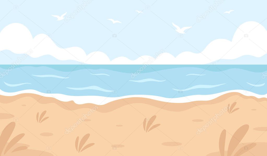 Sandy beach landscape. Hello summer, summer vacation. Ocean shore. Vector illustration