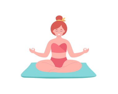 Mayo giymiş meditasyon yapan bir kadın. Sağlıklı yaşam tarzı, yoga, rahatlama, nefes alma egzersizi. Merhaba yaz. El çizimi vektör illüstrasyonu