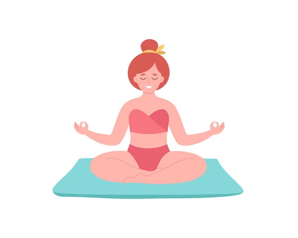 Mulher a meditar em fato de banho. Estilo de vida saudável, ioga, relaxar, exercícios respiratórios. Olá, verão. Ilustração vetorial desenhada à mão — Vetor de Stock