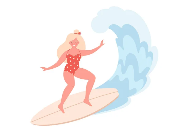 Frau surft auf Surfbrett und fängt Wellen im Meer. Sommeraktivität, Sommerzeit, Surfen. Hallo Sommer. Sommerurlaub. Handgezeichnete Vektorillustration — Stockvektor