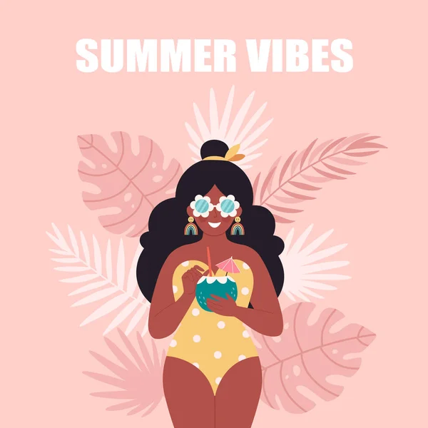 一个喝夏季鸡尾酒的黑人女人你好，夏天，假期，夏天，夏天的派对。穿着复古泳衣和复古眼镜的女人。手绘矢量图解 — 图库矢量图片