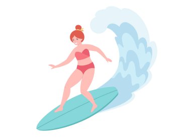Woman surfing on surfboard and catching waves in ocean. Summer activity, summertime, surfing. Hello summer. Summer Vacation. Vector illustration