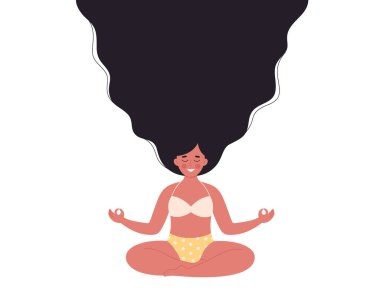 Woman meditating in lotus pose on yoga mat. Healthy lifestyle, yoga, relax, breathing exercise. World yoga day. Vector illustration