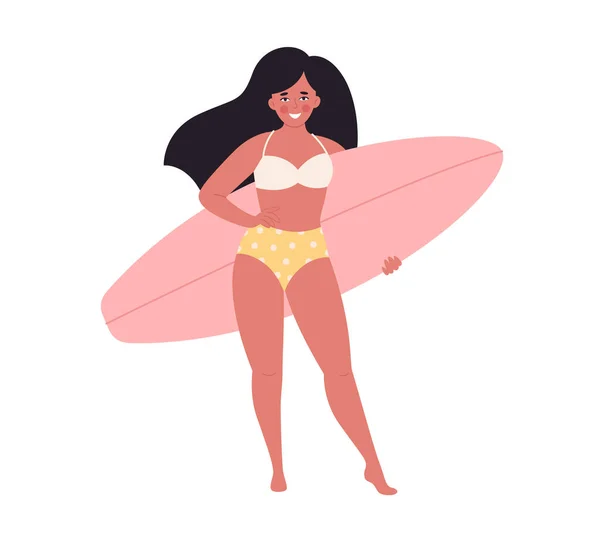 Sörf Tahtası Olan Kadın Yaz Etkinliği Yaz Tatili Sörf Merhaba — Stok Vektör