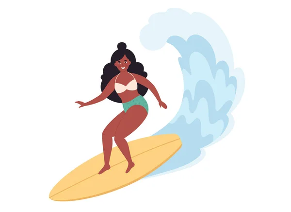 Schwarze Frau Surft Auf Surfbrett Und Fängt Wellen Meer Sommeraktivität — Stockvektor