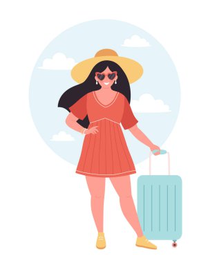 Seyahat çantası ya da bavulu olan bir kadın turist. Yaz tatili, yaz seyahati, yaz tatili. Vektör illüstrasyonu