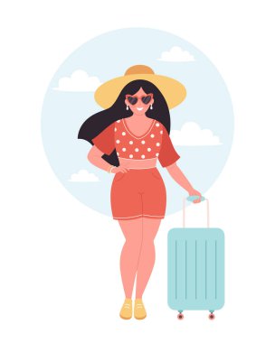Seyahat çantası ya da bavulu olan bir kadın turist. Yaz tatili, yaz seyahati ve yaz tatili. El çizimi vektör illüstrasyonu