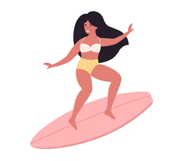 Frau Surft Auf Surfbrett Sommeraktivität Sommerzeit Und Surfen Hallo Sommer — Stockvektor