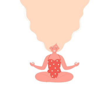 Mayo giymiş meditasyon yapan bir kadın. Sağlıklı yaşam tarzı, yoga, rahatlama ve nefes alma egzersizi. Merhaba yaz. Vektör illüstrasyonu