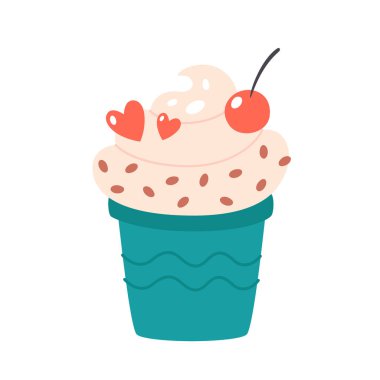 Vişneli ve çikolatalı vanilyalı dondurma. Yaz, merhaba yaz. Vektör illüstrasyonu