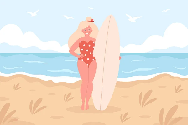 Plajda Sörf Tahtası Olan Kadın Yaz Etkinliği Yaz Tatili Sörf — Stok Vektör