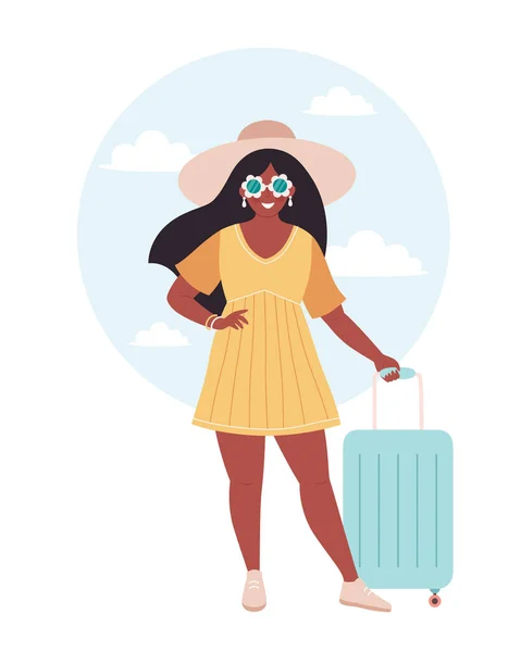 带着旅行袋或行李的黑人妇女游客 夏天旅行 矢量说明 — 图库矢量图片
