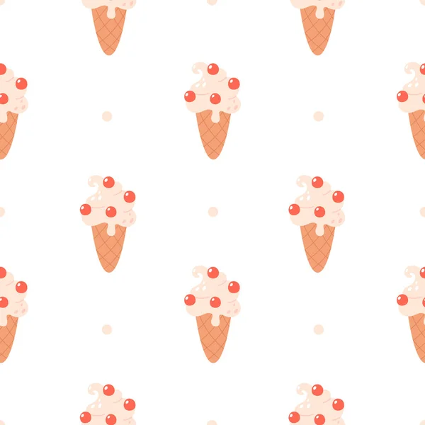 冰淇淋无缝图案 香草冰激凌在华夫饼筒与樱桃 矢量说明 — 图库矢量图片