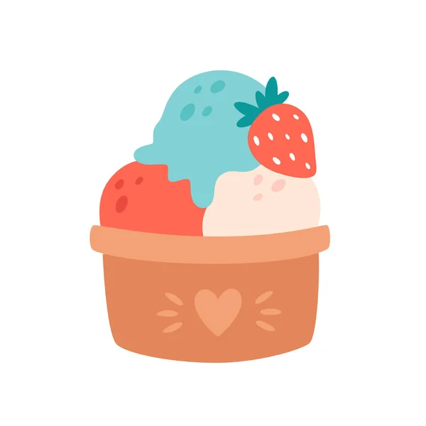 Eiskugeln Tassen Mit Verschiedenen Geschmacksrichtungen Toppings Und Erdbeeren Sommerzeit Hallo — Stockvektor