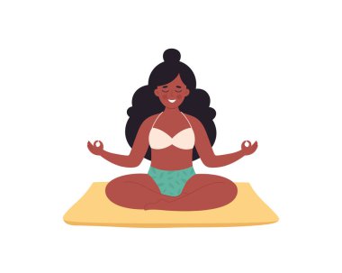 Siyahi kadın nilüfer çiçeğiyle yoga minderinde meditasyon yapıyor. Sağlıklı yaşam tarzı, yoga, rahatlama ve nefes alma egzersizi. Dünya yoga günü. El çizimi vektör illüstrasyonu