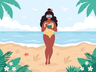 Yazlık kokteyli olan siyah bir kadın. Merhaba yaz, tatil, yaz tatili, yaz partisi. Retro mayo ve retro gözlüklü kadın. Vektör illüstrasyonu