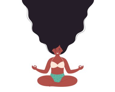 Siyahi kadın nilüfer çiçeğiyle yoga minderinde meditasyon yapıyor. Sağlıklı yaşam tarzı, yoga, rahatlama ve nefes alma egzersizi. Dünya yoga günü. El çizimi vektör illüstrasyonu