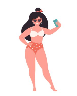 Retro gözlüklü ve mayo giymiş bir kadın selfie ya da başvuru videosu çekiyor. Merhaba yaz, yaz tatili, yaz eğlencesi. Vektör illüstrasyonu