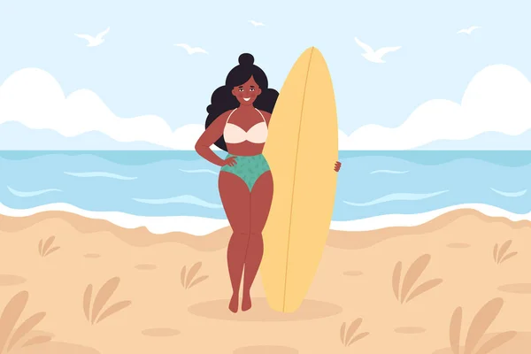 Schwarze Frau Mit Surfbrett Strand Sommeraktivität Sommerzeit Surfen Hallo Sommer — Stockvektor