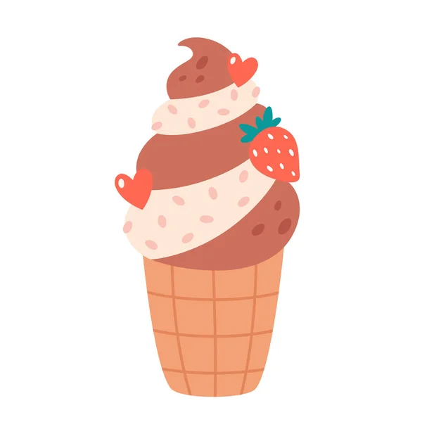 Vanille Chocolade Ijs Wafelkegel Met Aardbei Zomer Hallo Zomer Vectorilustratie — Stockvector