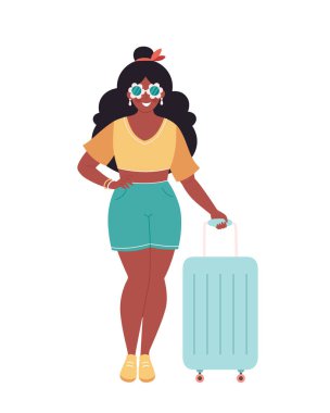 Seyahat çantası ya da bavulu olan siyah kadın turist. Yaz tatili, yaz seyahati, yaz tatili. Vektör illüstrasyonu