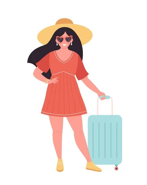 Γυναίκα Τουρίστας Ταξιδιωτική Τσάντα Αποσκευές Καλοκαιρινές Διακοπές Καλοκαιρινά Ταξίδια Καλοκαίρι — Διανυσματικό Αρχείο