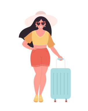 Seyahat çantası ya da bavulu olan bir kadın turist. Yaz tatili, yaz seyahati ve yaz tatili. El çizimi vektör illüstrasyonu