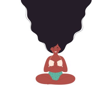 Siyahi kadın nilüfer çiçeğiyle yoga minderinde meditasyon yapıyor. Sağlıklı yaşam tarzı, yoga, rahatlama ve nefes alma egzersizi. Dünya yoga günü. El çizimi vektör illüstrasyonu