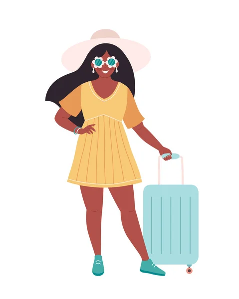 Femme Noire Touriste Avec Sac Voyage Bagages Vacances Été Voyages — Image vectorielle