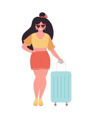 Seyahat çantası ya da bavulu olan bir kadın turist. Yaz tatili, yaz seyahati, merhaba yaz. Vektör illüstrasyonu