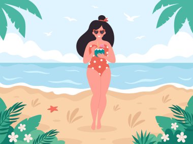 Yaz kokteyli içen kadın. Merhaba yaz, tatil, yaz ya da yaz partisi. Retro mayo ve retro gözlüklü kadın. El çizimi vektör illüstrasyonu