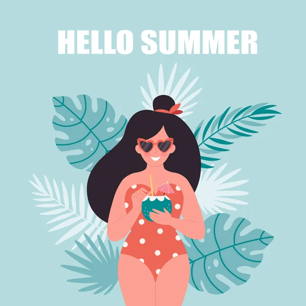 Woman Summer Cocktail Hello Summer Vacation Summertime Summer Party Woman — Stockvektor
