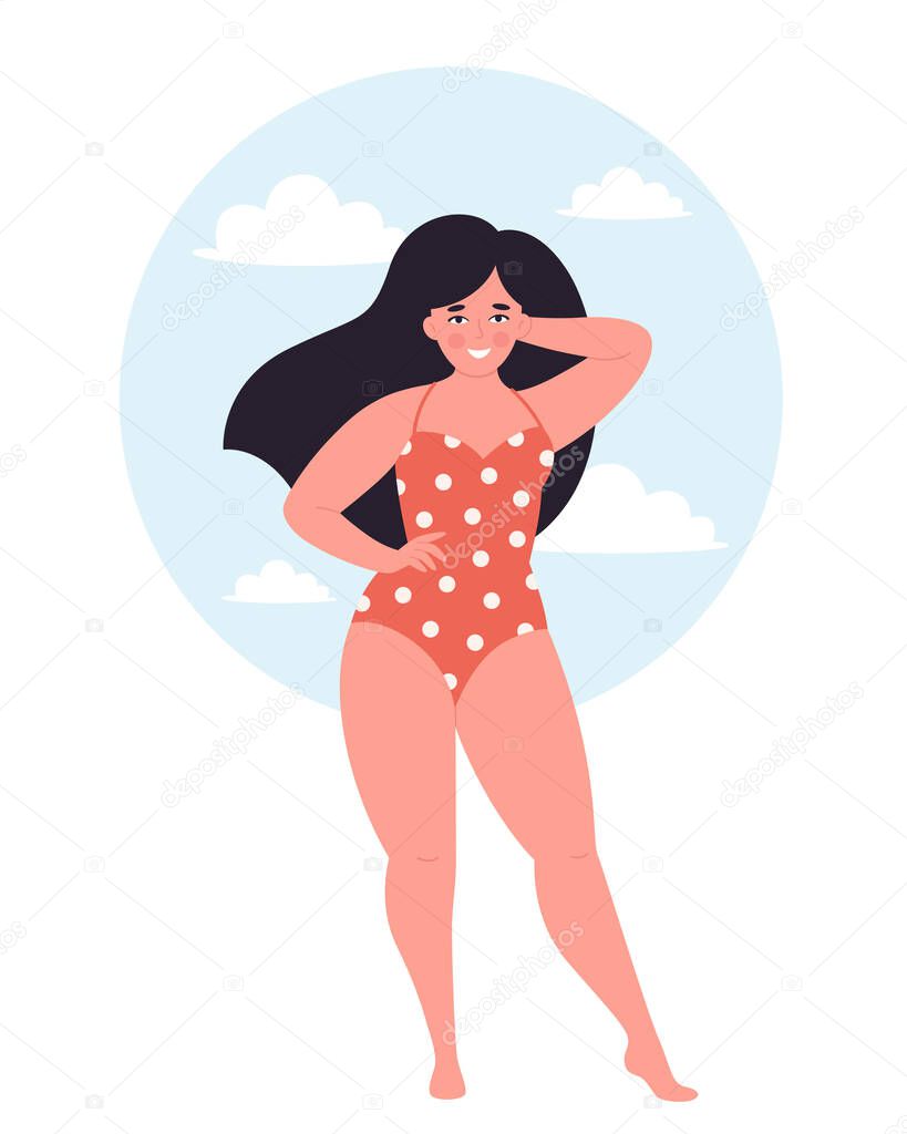 Attractive overweight woman in swimsuit. Hello summer, summertime, vacation. Vector illustration