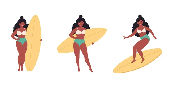 Sörf Tahtası Olan Siyah Bir Kadın Yaz Aktivitesi Sporu Sörf — Stok Vektör