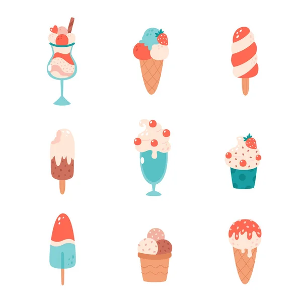 Ice Cream Collection Ice Cream Cone Different Flavors Ice Lolly — Stock Vector