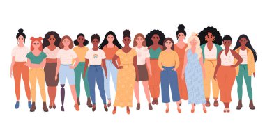 Women of different races, body types, hairstyles. Social diversity of people in modern society. Woman with physical disability. Fasionable casual outfit. Vector illustration