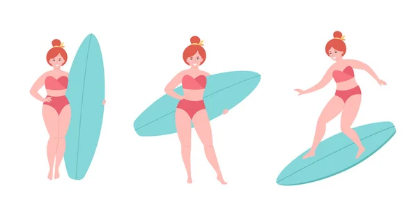 Woman Surfboard Summer Activity Water Sport Surfing Hello Summer Summer — Vector de stock