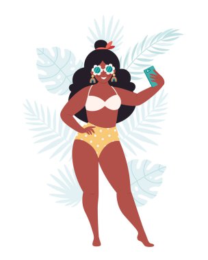 Retro gözlüklü ve mayo giymiş siyah bir kadın selfie ya da video çekiyor. Merhaba yaz, yaz tatili, yaz eğlencesi. Vektör illüstrasyonu