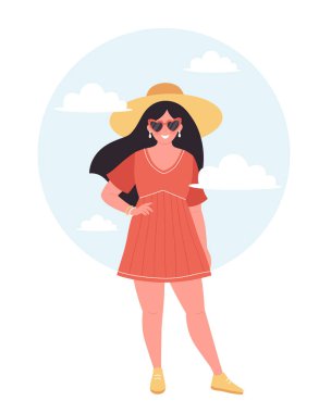 Woman in hat and retro glasses in summer outfit. Hello summer, summertime, vacation. Vector illustration