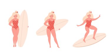 Woman with surfboard. Summer activity, water sport and surfing. Hello summer. Summer Vacation. Vector illustration
