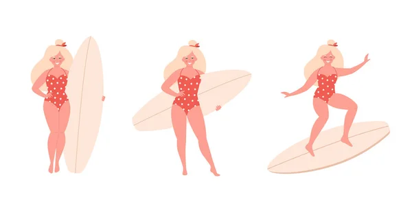 Woman Surfboard Summer Activity Water Sport Surfing Hello Summer Summer — ストックベクタ
