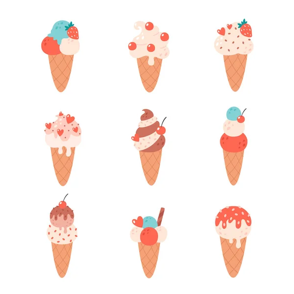 Ice Cream Collection Ice Cream Cone Different Flavors Summertime Hello — Stock Vector