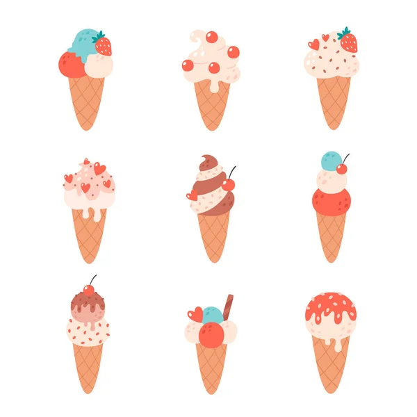 Ijsjes Verzamelen Ijskegel Met Verschillende Smaken Zomer Hallo Zomer Vectorillustratie — Stockvector