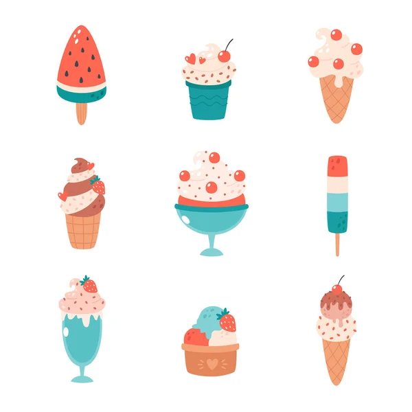 Ice Cream Collection Ice Cream Cone Different Flavors Ice Lolly — Stok Vektör