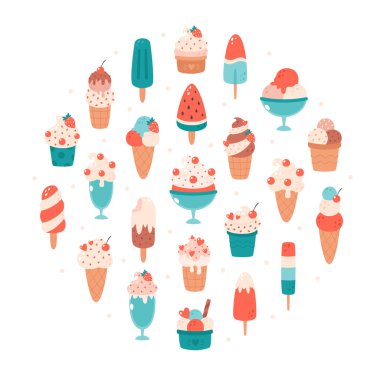 Ice cream collection. Ice cream cone with different flavors, ice lolly and ice cream in glass. Summertime, hello summer. Hand drawn vector illustration