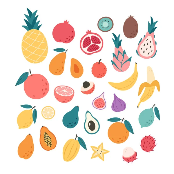 Colección Frutas Exóticas Tropicales Alimentos Saludables Productos Dietéticos Productos Frescos — Vector de stock